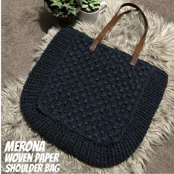 Large Merona Brand Woven Paper Tote Bag-Navy-Faux Leather Straps-Snap Closure - Picture 1 of 16